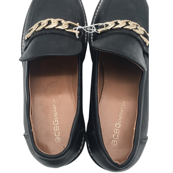 BCBG black Lug sole Loafers Vegan Leather with Gold Chain detail NWOT size 8 - Picture 12 of 16